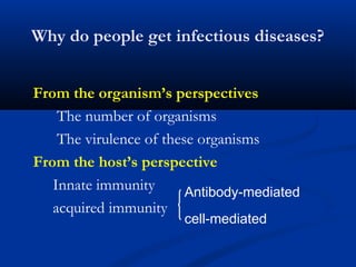 Why do people get infectious diseases?
From the organism’s perspectives
The number of organisms
The virulence of these organisms
From the host’s perspective
Innate immunity
acquired immunity
Antibody-mediated
cell-mediated
 