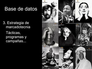 Base de datos

3. Estrategia de
  marcadotecnia

    Tácticas,
    programas y
    campañas...
 