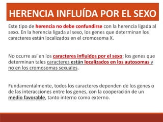 HERENCIA INFLUÍDA POR EL SEXO
Este tipo de herencia no debe confundirse con la herencia ligada al
sexo. En la herencia ligada al sexo, los genes que determinan los
caracteres están localizados en el cromosoma X.
No ocurre así en los caracteres influidos por el sexo; los genes que
determinan tales caracteres están localizados en los autosomas y
no en los cromosomas sexuales.
Fundamentalmente, todos los caracteres dependen de los genes o
de las interacciones entre los genes, con la cooperación de un
medio favorable, tanto interno como externo.
 