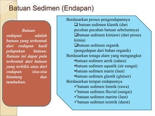 Batuan Sedimen (Endapan)
Batuan
endapan adalah
batuan yang terbentuk
dari endapan hasil
pelapukan batuan.
Batuan ini dapat pula
terbentuk dari batuan
yang terkikis atau dari
endapan sisa-sisa
binatang dan
tumbuhan.
Berdasarkan proses pengendapannya
 batuan sedimen klastik (dari
pecahan pecahan batuan sebelumnya)
batuan sedimen kimiawi (dari proses
kimia)
batuan sedimen organik
(pengedapan dari bahan organik)
Berdasarkan tenaga alam yang mengangkut
batuan sedimen aerik (udara)
batuan sedimen aquatik (air sungai)
batuan sedimen marin (laut)
batuan sedimen glastik (gletser)
Berdasarkan tempat endapannya
batuan sedimen limnik (rawa)
batuan sedimen fluvial (sungai)
batuan sedimen marine (laut)
batuan sedimen teistrik (darat)
 