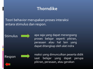 Thorndike
Teori behavior merupakan proses interaksi
antara stimulus dan respon.
Stimulus apa saja yang dapat merangsang
proses belajar seperti pikiran,
perasaan atau hal lain yang
dapat ditangkap oleh alat indra
Respon
reaksi yang dimunculkan peserta didik
saat belajar yang dapat perupa
pikiran, perasaan, atau gerakan
 