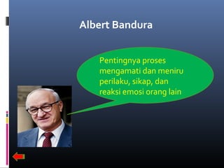 Albert Bandura
Pentingnya proses
mengamati dan meniru
perilaku, sikap, dan
reaksi emosi orang lain
 