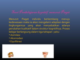 Teori Pembelajaran kognitif menurut Piaget
Menurut Piaget individu berkembang menuju
kedewasaan maka ia akan mengalami adaptasi dengan
lingkungannya yang akan menyebabkan adanya
perubahan kualitatif dalam struktur kognitifnya. Proses
belajar berlangsung dalam tiga tahapan yaitu:
• Asimilasi
• Akomodasi
• Equilibrasi
 