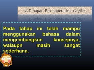 Pada tahap ini telah mampu
menggunakan bahasa dalam
mengembangkan konsepnya,
walaupn masih sangat
sederhana.
 