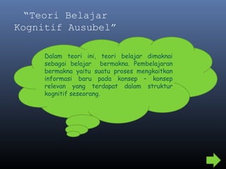 “Teori Belajar
Kognitif Ausubel”
Dalam teori ini, teori belajar dimaknai
sebagai belajar bermakna. Pembelajaran
bermakna yaitu suatu proses mengkaitkan
informasi baru pada konsep – konsep
relevan yang terdapat dalam struktur
kognitif seseorang.
 