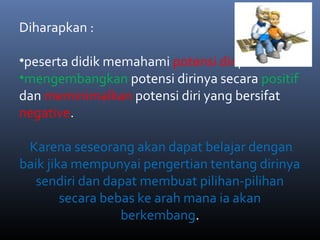 Diharapkan :
•peserta didik memahami potensi diri,
•mengembangkan potensi dirinya secara positif
dan meminimalkan potensi diri yang bersifat
negative.
Karena seseorang akan dapat belajar dengan
baik jika mempunyai pengertian tentang dirinya
sendiri dan dapat membuat pilihan-pilihan
secara bebas ke arah mana ia akan
berkembang.
 