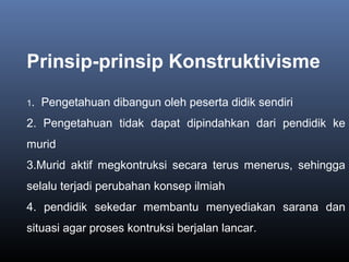 Prinsip-prinsip Konstruktivisme
1. Pengetahuan dibangun oleh peserta didik sendiri
2. Pengetahuan tidak dapat dipindahkan dari pendidik ke
murid
3.Murid aktif megkontruksi secara terus menerus, sehingga
selalu terjadi perubahan konsep ilmiah
4. pendidik sekedar membantu menyediakan sarana dan
situasi agar proses kontruksi berjalan lancar.
 