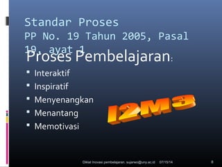 07/15/14Diklat Inovasi pembelajaran. sujarwo@uny.ac.id 8
Standar Proses
PP No. 19 Tahun 2005, Pasal
19, ayat 1
Proses Pembelajaran:
 Interaktif
 Inspiratif
 Menyenangkan
 Menantang
 Memotivasi
 