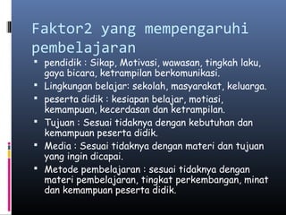 Faktor2 yang mempengaruhi
pembelajaran
 pendidik : Sikap, Motivasi, wawasan, tingkah laku,
gaya bicara, ketrampilan berkomunikasi.
 Lingkungan belajar: sekolah, masyarakat, keluarga.
 peserta didik : kesiapan belajar, motiasi,
kemampuan, kecerdasan dan ketrampilan.
 Tujuan : Sesuai tidaknya dengan kebutuhan dan
kemampuan peserta didik.
 Media : Sesuai tidaknya dengan materi dan tujuan
yang ingin dicapai.
 Metode pembelajaran : sesuai tidaknya dengan
materi pembelajaran, tingkat perkembangan, minat
dan kemampuan peserta didik.
 