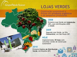 LOJAS VERDES Construção sustentável e ênfase em  produtos orgânicos   e de pequenos produtores 2008 Primeira Loja Verde em  Indaiatuba  (SP), com certificações LEED  e USGBC 2009   Segunda Loja Verde, na Vila  Clementino , em São Paulo (SP ) HOJE Implementadas  30 lojas  com conceitos verdes de construção sustentável 2010  Primeiro  Centro de Distribuição Verde , em Brasília (DF) 