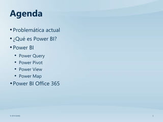2© 2014 SolidQ
Agenda
•Problemática actual
•¿Qué es Power BI?
•Power BI
• Power Query
• Power Pivot
• Power View
• Power Map
•Power BI Office 365
 