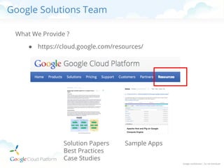 Google Solutions Team
What We Provide ?
● https://cloud.google.com/resources/

Solution Papers
Best Practices
Case Studies

Sample Apps

 