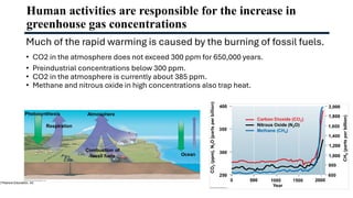 Human activities are responsible for the increase in
greenhouse gas concentrations
Much of the rapid warming is caused by the burning of fossil fuels.
• CO2 in the atmosphere does not exceed 300 ppm for 650,000 years.
• Preindustrial concentrations below 300 ppm.
• CO2 in the atmosphere is currently about 385 ppm.
• Methane and nitrous oxide in high concentrations also trap heat.
 
