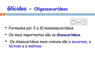 Glícidos -

Oligossacarídeos

13

 Formados por 2 a 10 monossacarídeos.
 Os mais importantes são os dissacarídeos.
 Os dissacarídeos mais comuns são a sacarose, a
lactose e a maltose.

 