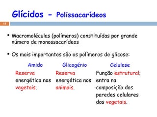 Glícidos -

Polissacarídeos

15

 Macromoléculas (polímeros) constituídas por grande
número de monossacarídeos
 Os mais importantes são os polímeros de glicose:
Amido

Glicogénio

Celulose

Reserva
Reserva
Função estrutural;
energética nos energética nos entra na
vegetais.
animais.
composição das
paredes celulares
dos vegetais.

 