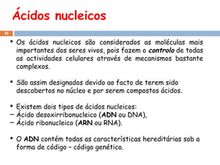 Ácidos nucleicos
30

 Os ácidos nucleicos são considerados as moléculas mais
importantes dos seres vivos, pois fazem o controlo de todas
as actividades celulares através de mecanismos bastante
complexos.
 São assim designados devido ao facto de terem sido
descobertos no núcleo e por serem compostos ácidos.
 Existem dois tipos de ácidos nucleicos:
─ Ácido desoxirribonucleico (ADN ou DNA),
─ Ácido ribonucleico (ARN ou RNA).
 O ADN contém todas as características hereditárias sob a
forma de código – código genético.

 