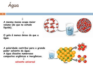 Água
6

⇓
A mesma massa ocupa maior
volume (do que no estado
líquido).
⇓

O gelo é menos denso do que a
água.

A polaridade contribui para o grande
poder solvente da água;
A água dissolve numerosos
compostos orgânicos e inorgânicos.
⇓
solvente universal

 