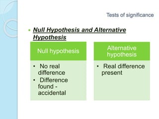 Tests of significance
 Null Hypothesis and Alternative
Hypothesis
Null hypothesis
• No real
difference
• Difference
found -
accidental
Alternative
hypothesis
• Real difference
present
 