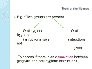  E.g. : Two groups are present
Oral hygiene Oral
hygiene
instructions given instructions
not
given
To assess if there is an association between
gingivitis and oral hygiene instructions.
Tests of significance
 