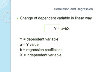  Change of dependent variable in linear way
Y = a+bX
Y = dependent variable
a = Y value
b = regression coefficient
X = independent variable
Correlation and Regression
 