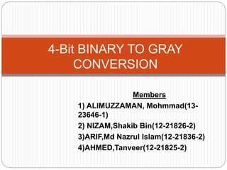 Members:
ARIF, Md. Nazrul Islam
NIZAM, Shakib Bin
AHMED, Tanveer
ALIMUZZAMAN, Mohammad
4-Bit BINARY TO GRAY
CONVERSION
 