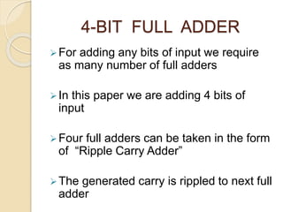 4-BIT FULL ADDER
For adding any bits of input we require
as many number of full adders
In this paper we are adding 4 bits of
input
Four full adders can be taken in the form
of “Ripple Carry Adder”
The generated carry is rippled to next full
adder
 