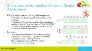 www.eosc-synergy.eu 7
2. Increase service quality: Software Quality
Assessment
- TSs Quality increase through three paths:...