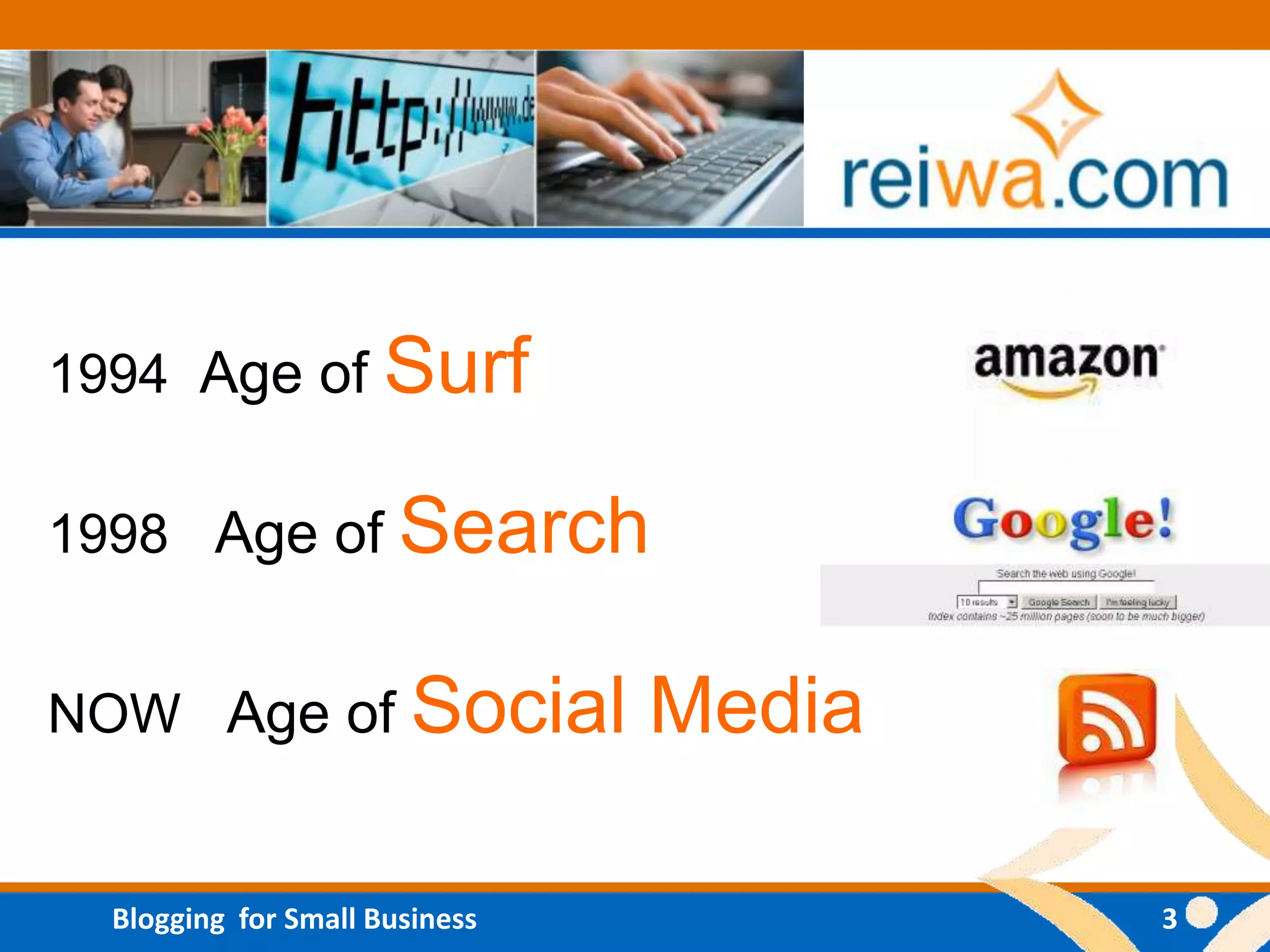 1994 Age of Surf

1998 Age of Search


NOW Age of Social               Media

  Blogging for Small Business           3
 