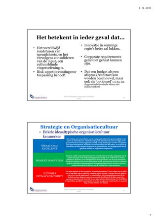 6-12-2010




 Het betekent in ieder geval dat…
                                                    • Innovatie in sommige
• Het wereldwijd                                      regio’s beter zal lukken.
  rondsturen van
  spreadsheets, en h
       d h         het
  vervolgens consolideren                           • Corporate requirements
  van de input, een                                   geliefd of gehaat kunnen
  cultuurblinde                                       zijn.
  vingeroefening is.
• Risk-appetite contingente                         • Dat een budget als een
  toepassing behoeft.
     p     g                                          afspraak/contract kan
                                                      worden b h
                                                          d beschouwd, maar
                                                                         d
                                                      ook als ‘optioneel’ (en dus dat
                                                          diagnostische controls alleen niet
                                                          zullen werken)



                             Foof for Financials, Maastricht 2 december
                                                                                                                 13
                                                2010




    Strategie en Organisatiecultuur
   • Enkele ideaaltypische organisatiecultuur
     kenmerken Het verloop van een product is end-to-end geoptimaliseerd en gestroomlijnd om de
                                 kosten te minimaliseren. Activiteiten zijn gestandaardiseerd, vereenvoudigd, strak
                                gecontroleerd en centraal gepland, waarbij weinig beslissingen worden overgelaten
                                aan lager management. Hanteren van vaste normen voor het beheer, en de focus op
    OPERATIONAL                 transacties di snel worden vastgesteld en gecoördineerd. E b d ijf l
                                         i die    l     d             ld         ö di     d Een bedrijfscultuur di d
                                                                                                                die de
    EXCELLENCE                                    efficiëntie beloont en inefficiëntie verafschuwt.



                                Een losse, adhoc organisatiestructuur die voortdurend zal worden aangepast aan de
                                  nieuwe strategie en de ondernemingsplannen (nodig om te verkennen en nieuwe
                                gebieden te benutten). Een bedrijfscultuur die de prestaties van de groep stimuleert,
 PRODUCT INNOVATION            terwijl het opkomen van onverwachte ideeën wordt gestimuleerd vanuit een toekomst
                                 gerichte mentaliteit. Resultaatgericht managementsysteem dat het succes van een
                                        product beoordeelt en beloont, met de vrijheid om te experimenteren.


                               Een grote nadruk op het kernproces "solution development" (dwz helpen van de cliënt
      CUSTOMER                 om te begrijpen wat er nodig is), resultaat-beheer (ervoor te zorgen dat wat nodig is
                                  ook correct wordt uitgevoerd), en relatiebeheer. Een organisatiestructuur die de
 INTIMACY/PROXIMITY                besluitvorming delegeert naar de mensen die het dichtst bij de klant staan. Een
                               managementsysteem dat zich richt op een goed gekozen klantenkring. Een bedrijf dat
                              is ingesteld op specifieke maatregelen meer dan op algemene maatregelen en op goede
                                                          lange termijn relaties met klanten.



                             Foof for Financials, Maastricht 2 december
                                                                                                                 14
                                                2010




                                                                                                                                7
 