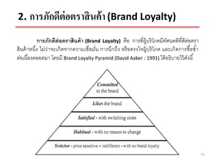 2. การภักดีต่อตราสิ นค้ า (Brand Loyalty)

           การภักดีต่อตราสินค้ า (Brand Loyalty) คือ การที่ผ้ บริ โภคมีทศนคติที่ดีต่อตรา
                                                                  ู        ั
สินค้ าหนึ่ง ไม่ว่าจะเกิ ดจากความเชื่อมั่น การนึกถึง หรื อตรงใจผู้บริ โภค และเกิ ดการซือซา
                                                                                       ้ ้
ต่อเนื่องตลอดมา โดยมี Brand Loyalty Pyramid (David Aaker : 1991) ได้ อธิบายไว้ ดงนี ้ั




                                                                                             18
 