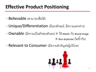 Effective Product Positioning

- Believable (สามารถเชื่อได้ )
- Unique/Differentiation (มีเอกลักษณ์, มีความแตกต่าง)
- Ownable (มีความเป็ นตัวของตัวเอง) > ให้ Match กับ Brand Image
                                    > Non duplicate (ไม่ซ ้ากัน)
- Relevant to Consumer (มีความสาคัญต่อผู้บริโภค)




                                                               27
 