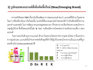 1) รู ปแบบของแบรนด์ ที่เพิงเกิดขึนใหม่ (New/Emerging Brand)
                          ่      ้

     จากผลวิจยของ Y&R เกี่ยวกับเรื่ องพัฒนาการของแบรนด์ พบว่า แบรนด์ที่เข้ ามาในตลาด
                 ั
ใหม่ ๆ หรื อเพิ่งกลับมาเกิดใหม่นน จะเป็ นที่สงเกตและจดจาของคนได้ จาเป็ นต้ องมีทงความ
                                     ั้       ั                                     ั้
แตกต่างและพลัง ในการพัฒนาตนเองอยู่ตลอดเวลา ที่จะสามารถเรี ยกร้ องความสนใจจาก
กลุ่มผู้บริ โภค ซึ่งทังสองแท่งนี ้ (D & En) จะต้ องมีความโดดเด่นกว่าองค์ประกอบอื่น ๆ ของ
                      ้
แบรนด์
      ในทางตรงกันข้ ามหากแบรนด์ เข้ ามาในตลาดโดยปราศจากจุดขายใหม่ ๆ ที่แตกต่าง
จากคู่แข่ง เลย แบรนด์ นันก็ จะขาดพลัง ดึง ดูดที่ ทาให้ ผ้ ูบริ โ ภคสนใจกลายเป็ นแบรนด์ ที่ ถูก
                           ้
มองข้ ามไป (Unfocused Brand) ได้
                                                            D = ความแตกต่าง
                                                            En = พลังในการพัฒนาตนเองอยู่
                                                            ตลอดเวลา
                                                            R = ความเหมาะสมกับตัวลูกค้ า
                                                            E = ความรู้สกดี ชื่นชม
                                                                        ึ
                                                            K = ความรู้สกคุ้นเคย
                                                                          ึ


                            D En R E K                                                           40
 