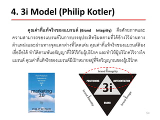 4. 3i Model (Philip Kotler)
          คุณค่ าที่แท้ จริ งของแบรนด์ (Brand Integrity) คือศักยภาพและ
ความสามารถของแบรนด์ ใ นการบรรลุป ระสิ ท ธิ ผ ลตามที่ ไ ด้ อ้ า งไว้ ผ่ า นทาง
ตาแหน่ง และผ่า นทางจุดแตกต่า งที่ โ ดดเด่น คุณค่าที่ แ ท้ จ ริ ง ของแบรนด์ ต้ อ ง
เชื่อถือได้ ทาได้ ตามพันธสัญญาที่ให้ ไว้ กบผู้บริ โภค และทาให้ ผ้ บริ โภคไว้ วางใจ
                                          ั                       ู
แบรนด์ คุณค่าที่แท้ จริงของแบรนด์มีเปาหมายอยูที่จิตวิญญาณของผู้บริโภค
                                      ้            ่




                                                                                     54
 