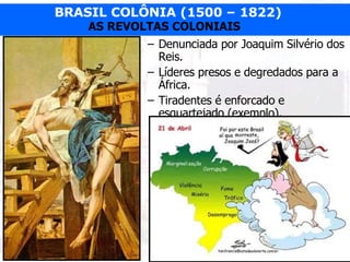 Denunciada por Joaquim Silvério dos Reis. Líderes presos e degredados para a África. Tiradentes é enforcado e esquartejado (exemplo). 