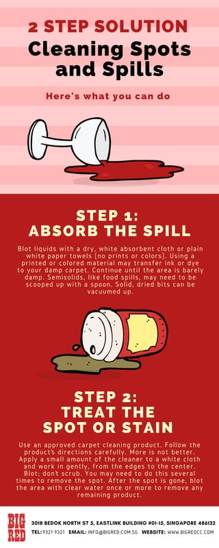 Cleaning Spots
and Spills
STEP 1:
ABSORB THE SPILL
Blot liquids with a dry, white absorbent cloth or plain
white paper towels (no prints or colors). Using a
printed or colored material may transfer ink or dye
to your damp carpet. Continue until the area is barely
damp. Semisolids, like food spills, may need to be
scooped up with a spoon. Solid, dried bits can be
vacuumed up.
2 STEP SOLUTION
STEP 2:
TREAT THE
SPOT OR STAIN
Use an approved carpet cleaning product. Follow the
product’s directions carefully. More is not better.
Apply a small amount of the cleaner to a white cloth
and work in gently, from the edges to the center.
Blot; don’t scrub. You may need to do this several
times to remove the spot. After the spot is gone, blot
the area with clear water once or more to remove any
remaining product.
Here's what you can do
3018 BEDOK NORTH ST 5, EASTLINK BUILDING #01-15, SINGAPORE 486132
TEL: EMAIL: WEBSITE:9321 9321 INFO@BIGRED.COM.SG WWW.BIGREDCC.COM
 