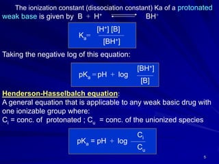 5
The ionization constant (dissociation constant) Ka of a protonated
weak base is given by B + H+ BH+
[H+] [B]
Ka=
[BH+]
Taking the negative log of this equation:
[BH+]
pKa = pH + log
[B]
Henderson-Hasselbalch equation:
A general equation that is applicable to any weak basic drug with
one ionizable group where:
Ci = conc. of protonated ; Cu = conc. of the unionized species
Ci
pKa = pH + log
Cu
 