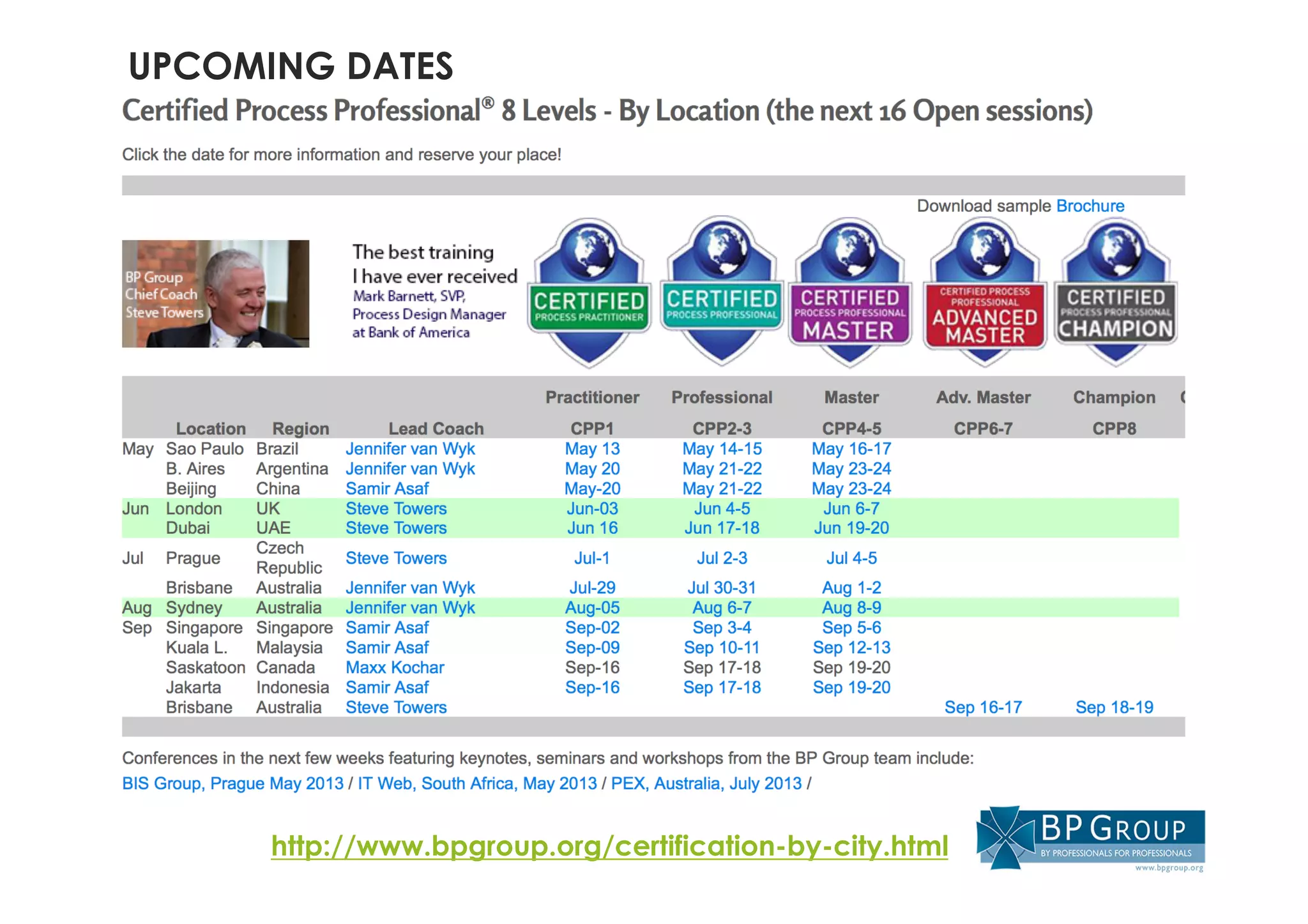 UPCOMING DATES
http://www.bpgroup.org/certification-by-city.html
 