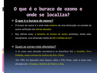 Quais as consequências da diminuição do ozono nessa camada?O Buraco da camada de ozono tem muitas consequências para a saúde humana pois os raios UV entram na superfície terrestre e podem causar muitas doenças aos seres humanos como: Cancro da pele