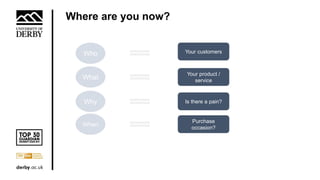 Where are you now?
Who
What
Why
When
Your customers
Your product /
service
Is there a pain?
Purchase
occasion?
 