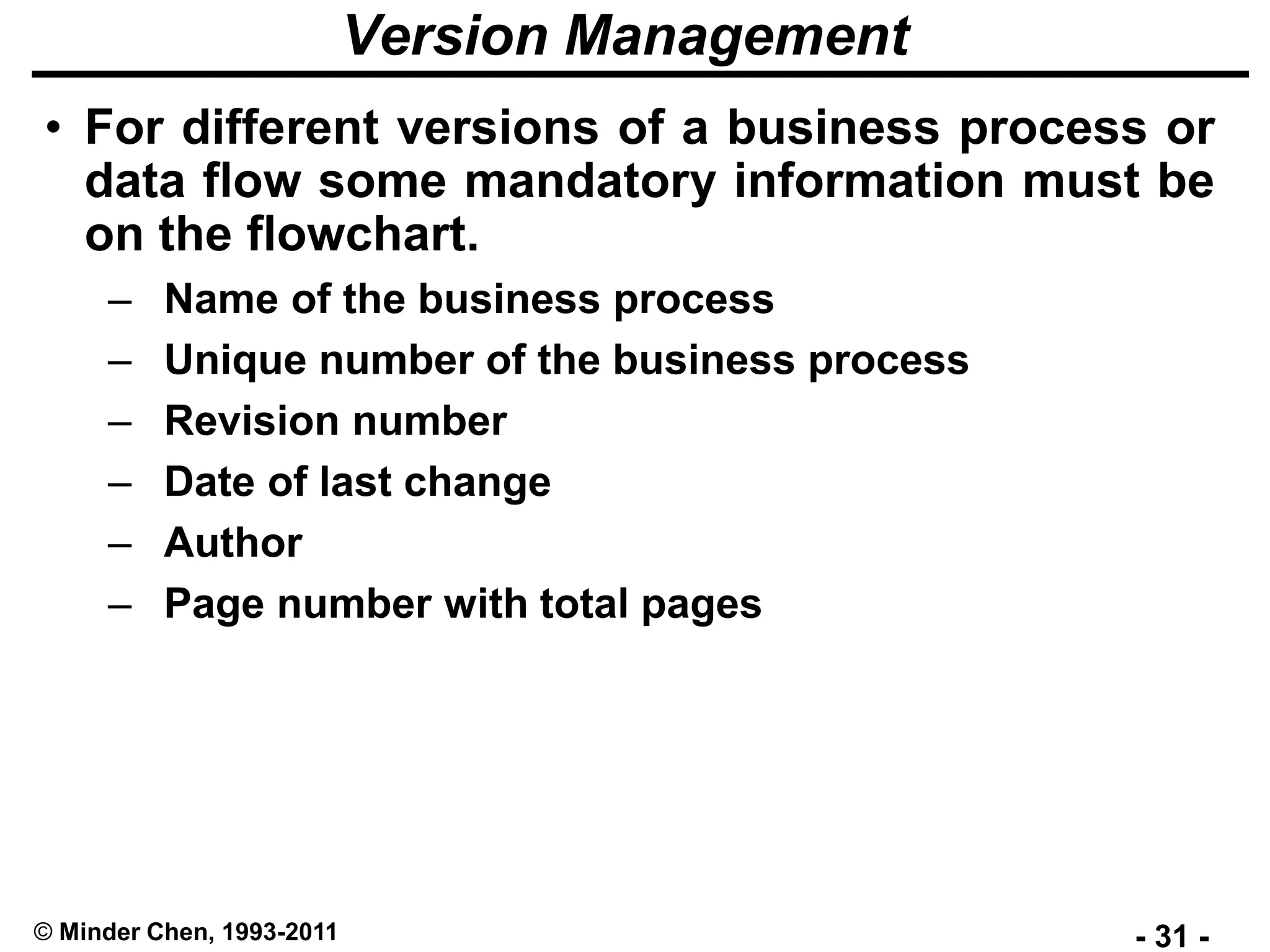 - 31 -© Minder Chen, 1993-2011
Version Management
• For different versions of a business process or
data flow some mandatory information must be
on the flowchart.
– Name of the business process
– Unique number of the business process
– Revision number
– Date of last change
– Author
– Page number with total pages
 