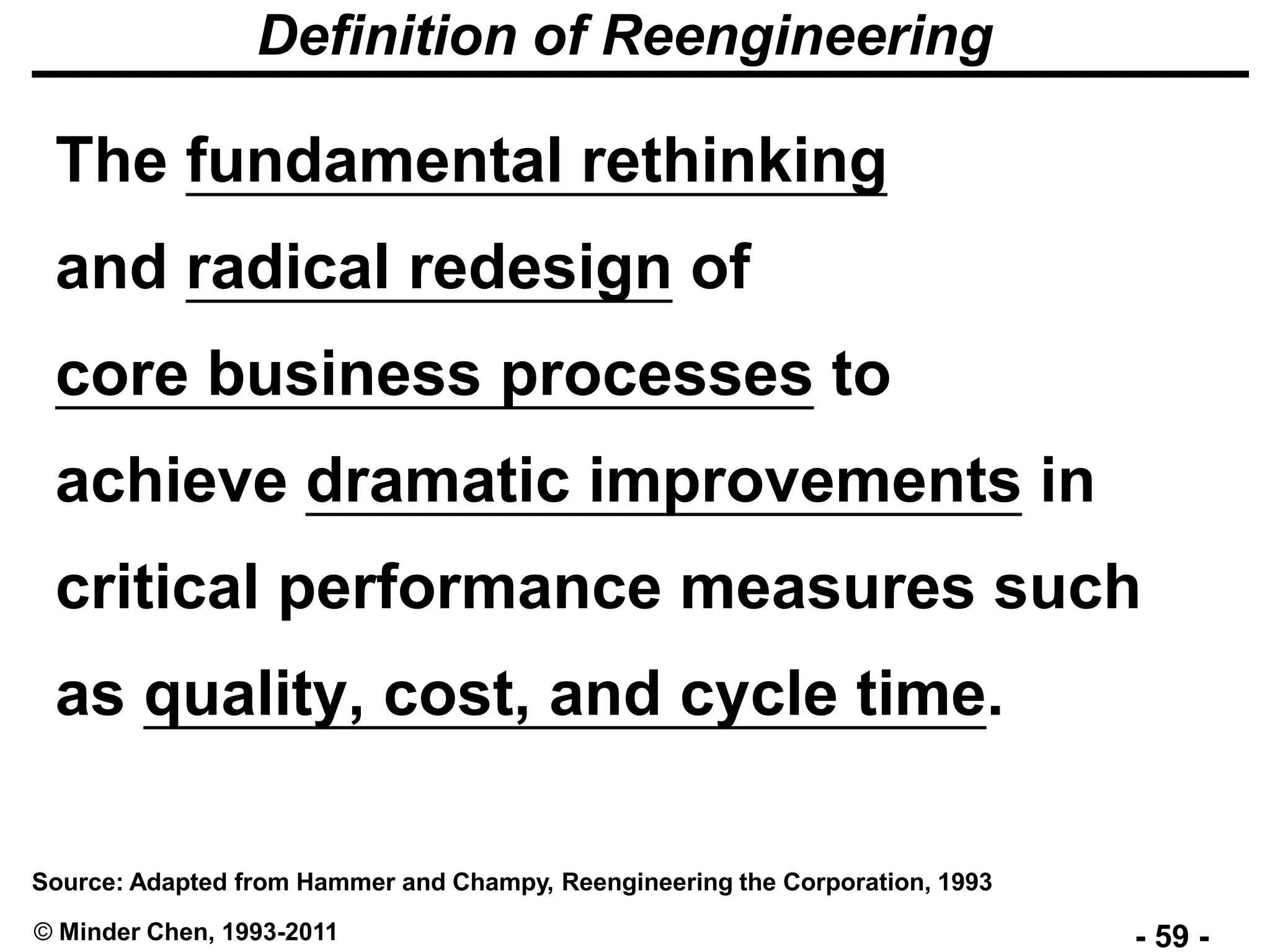 - 59 -© Minder Chen, 1993-2011
Definition of Reengineering
The fundamental rethinking
and radical redesign of
core business processes to
achieve dramatic improvements in
critical performance measures such
as quality, cost, and cycle time.
Source: Adapted from Hammer and Champy, Reengineering the Corporation, 1993
 