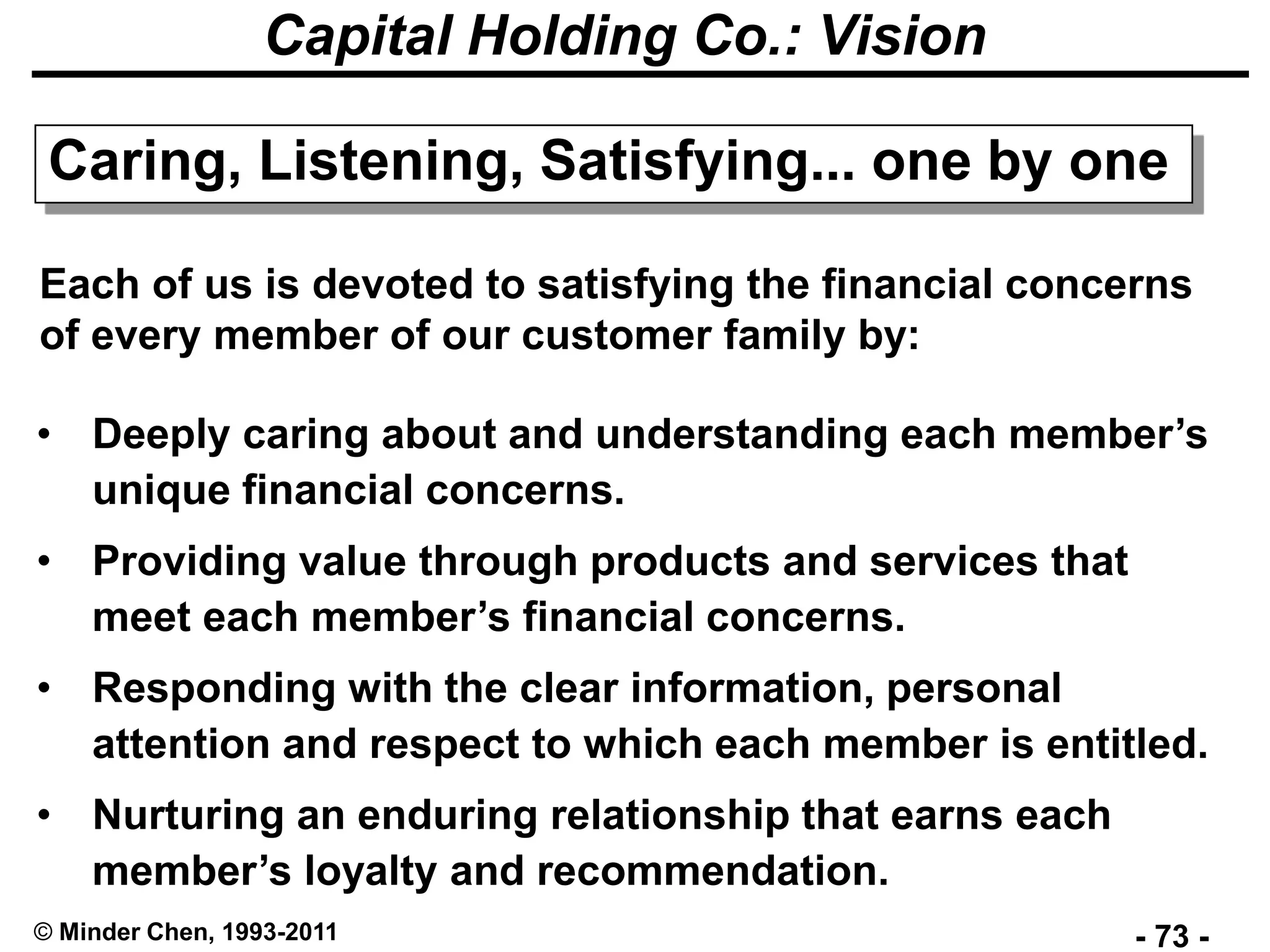 - 73 -© Minder Chen, 1993-2011
Capital Holding Co.: Vision
Caring, Listening, Satisfying... one by one
Each of us is devoted to satisfying the financial concerns
of every member of our customer family by:
• Deeply caring about and understanding each member’s
unique financial concerns.
• Providing value through products and services that
meet each member’s financial concerns.
• Responding with the clear information, personal
attention and respect to which each member is entitled.
• Nurturing an enduring relationship that earns each
member’s loyalty and recommendation.
 