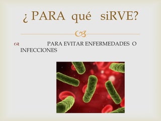 
¿ PARA qué siRVE?
 PARA EVITAR ENFERMEDADES O
INFECCIONES
 