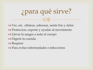 
¿para qué sirve?
 Ver, oír, olfatear, saborear, sentir frio y dolor
 Proteccion, soporte y ayudar al movimiento
 Llevar la sangre a todo el cuerpo
 Digerir la comida
 Respirar
 Para evitar enfermedades e infecciones
 
