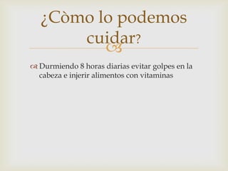 
¿Còmo lo podemos
cuidar?
 Durmiendo 8 horas diarias evitar golpes en la
cabeza e injerir alimentos con vitaminas
 