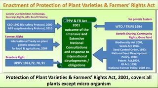 Genetic Use Restriction Technology,
Sovereign Rights, ABS, Benefit Sharing
                                                                                Sui generis System
                                          PPV & FR Act
 CBD 1992 Bio-safety Protocol, 2000           2001
 ABS supplementary Protocol, 2010
                                                                WTO / TRIPS 1994
                                         outcome of the
                                          Intensive and          Benefit Sharing, Community
Farmers Right                                                              Rights, Gene Fund
                                            Extensive
    International Treaty on plant                               Biodiversity Act 2002,
          genetic resources
                                             National
                                                                   Seeds Act 1966,
     for food & agriculture, 2004         Consultations
                                                              Seed Control Order, 1983;
                                         and response to     National Seed Development
Breeders Right                            international              Policy, 1988;
                                         developments /           Patent Act,1970,
       UPOV 1961,72, 78, 91                                          GI Act, 1999,
                                           obligations
                                                           National Farmer Policy, 2007 etc.




                                                                     Farmers Rights and breeders Rights, 2929 October 2012, Uruguay
                                                                       Farmers Rights and breeders Rights, October 2012, Uruguay
 