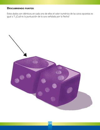 230
Descubriendo puntos
Estos dados son idénticos, en cada uno de ellos el valor numérico de las caras opuestas es
igual a 7. ¿Cuál es la puntuación de la cara señalada por la flecha?
 