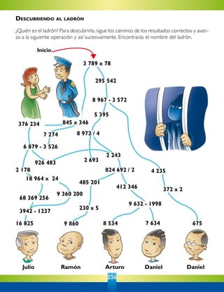 236
3 789 x 78
295 542
376 234 845 x 346
7 274
6 879 - 3 526
926 483
2 178
8 972 / 4
2 243
18 964 x 24
9 360 200
824 692 / 2
68 369 256
3942 - 1237
16 825
485 201
230 x 5
9 860
412 346
9 632 - 1998
8 534 7 634
2 693
5 395
4 235
372 x 2
675
8 967 - 3 572
Julio Ramón Arturo Daniel Daniel
Inicio
Descubriendo al ladrón
¿Quién es el ladrón? Para descubrirlo, sigue los caminos de los resultados correctos y avan-
za a la siguiente operación y así sucesivamente. Encontrarás el nombre del ladrón.
 