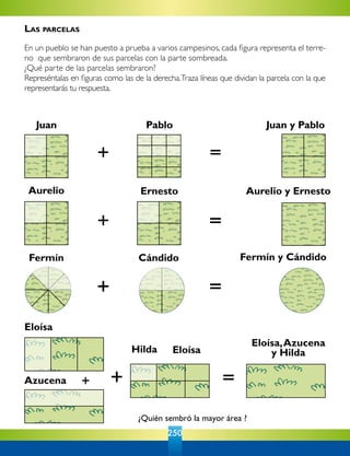 250
Juan Pablo Juan y Pablo
Aurelio y ErnestoErnestoAurelio
Eloísa
Azucena
Hilda Eloísa
Eloísa,Azucena
y Hilda
Fermín Cándido Fermín y Cándido
¿Quién sembró la mayor área ?
+ =
+ =
+ =
+ + =
Las parcelas
En un pueblo se han puesto a prueba a varios campesinos, cada figura representa el terre-
no que sembraron de sus parcelas con la parte sombreada.
¿Qué parte de las parcelas sembraron?
Represéntalas en figuras como las de la derecha.Traza líneas que dividan la parcela con la que
representarás tu respuesta.
 