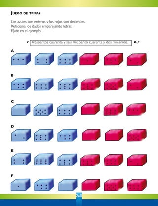 260
A
B
C
D
E
F
r A,r
Juego de tripas
Los azules son enteros y los rojos son decimales.
Relaciona los dados emparejando letras.
Fíjate en el ejemplo.
	 Trescientos cuarenta y seis mil, ciento cuarenta y dos milésimos.
 